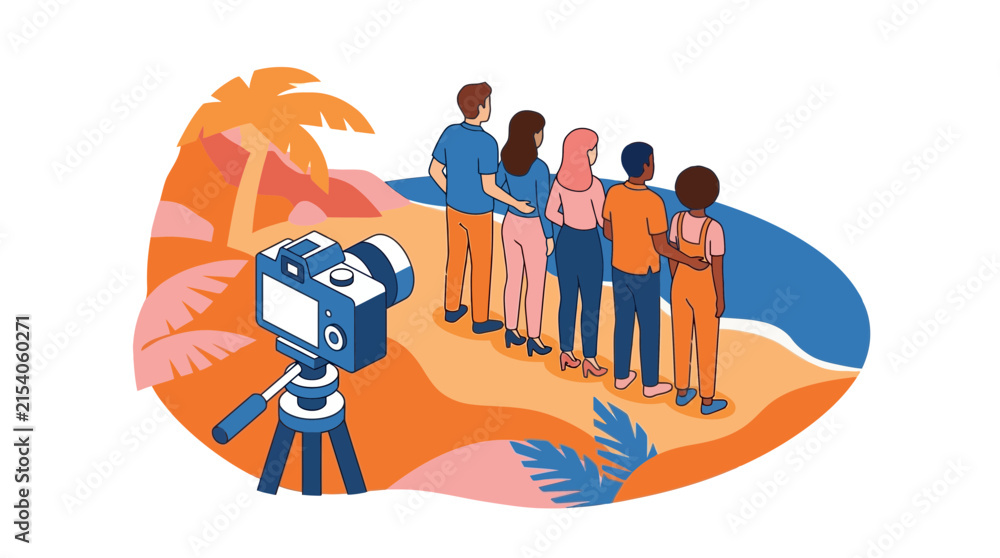Obraz premium Group of people standing on a tropical beach with camera