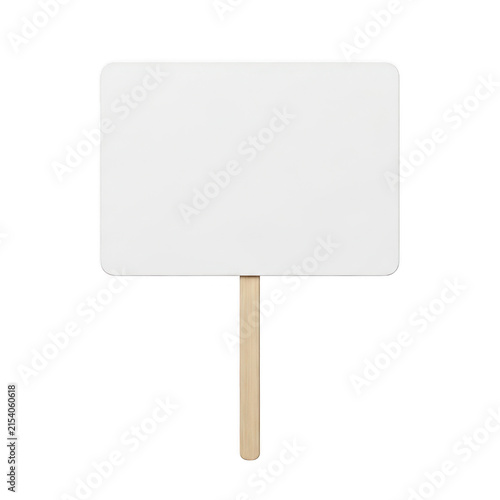 Blank white rectangular sign with wooden handle isolated on transparent background for protest or event announcements