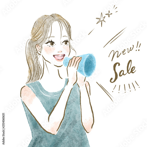 メガフォンを使ってセールのお知らせを呼びかける女性のイラスト素材