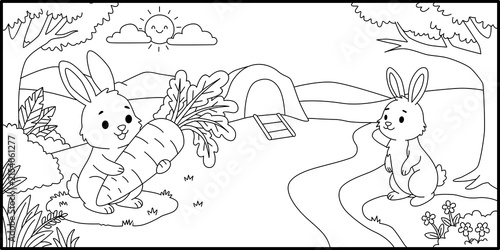Two Rabbits with Carrot in Field Coloring Page Illustration