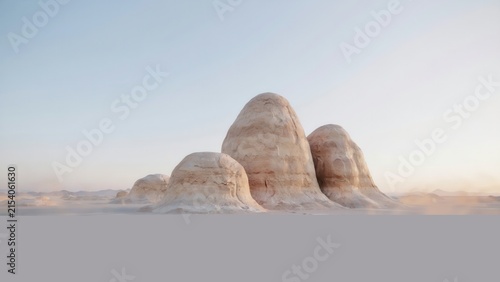 Large white limestone rock formations in the white desert of egypt, featuring smooth eroded shapes under a pale blue sky at sunrise or sunset