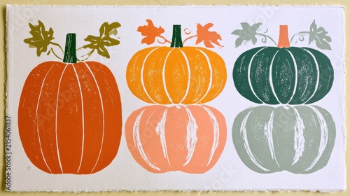 Three pumpkins sit together in a retro harvest design. The print shows muted colors and simple lines. Perfect for autumn themes.