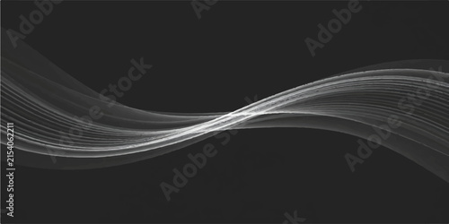 Futuristic Abstract Black and White Waves with Blue Light, Dynamic Curved Lines, Flowing Energy, Motion, Smoke Texture, and Digital Vector Design Background