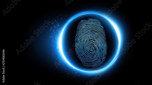 A fingerprint illuminated by a vibrant blue neon ring against a dark background, representing identity and security