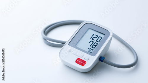 A digital blood pressure monitor rests on a white surface, displaying vital reading numbers