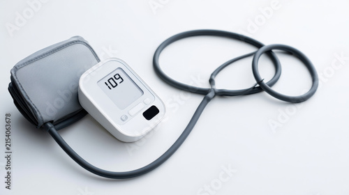 A close-up shot of a digital blood pressure monitor device placed on a white background, showing a reading of 109. The monitor includes a cuff and a digital display screen