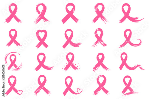 Pink breast cancer awareness ribbon collection, hand painted brush and clean styles, heart accents and artistic textures, isolated on white background