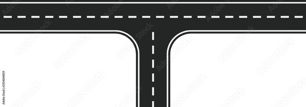 Naklejka premium Asphalt T-junction road vector illustration featuring three-way street intersection with dashed white lines markings