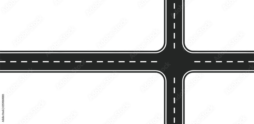 Fototapeta premium Four-way asphalt crossroad vector illustration featuring 4-way street intersection with dashed white line markings