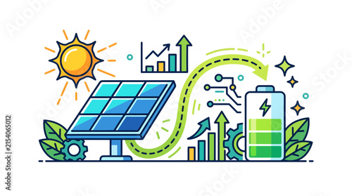 Solar Energy Conversion to Battery Storage with Growth Chart Illustration