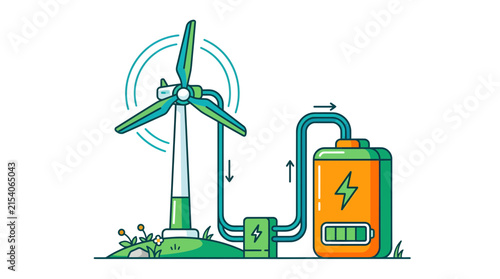 Wind Turbine Generating Renewable Energy Stored in Battery System Illustration