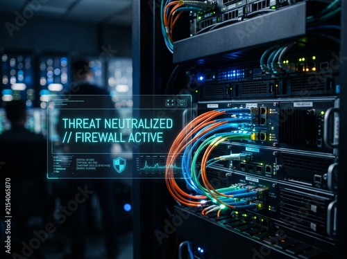 Server Room Racks with Threat Neutralized Firewall Active HUD