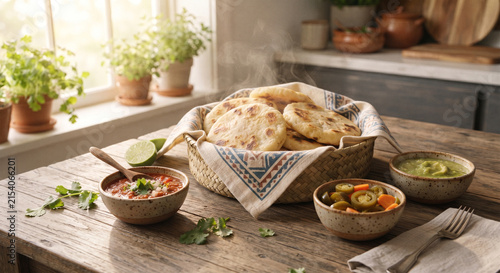 A warm, sunlit photograph of a home kitchen table featuring a basket of hot gorditas wrapped in a cloth napkin, accompanied by small earthenware bowls of various salsas and pickled jalapeños. 