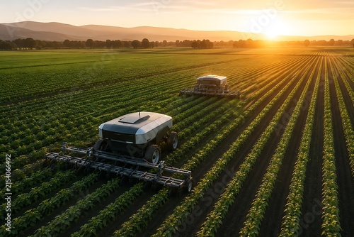 Autonomous agricultural robots cultivate a vast field at sunrise, showcasing the future of precision farming and sustainable agriculture.
