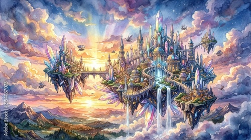 Fantasy floating city in colorful sky landscape