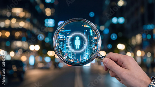 Hand holding magnifying glass focusing on a human icon over a blurred night city, representing talent search and recruitment