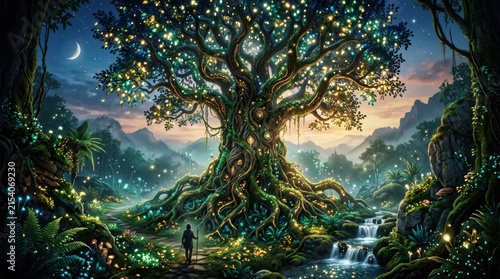 Enchanted tree illuminated by magical lights