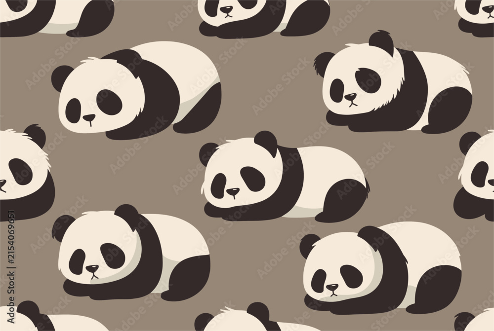 Obraz premium Peaceful seamless pattern of adorable chubby cartoon pandas sleeping on a warm beige background, perfect for kids.