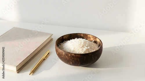 Bowl filled with shredded coconut flakes near leather bound notebook and golden pen.