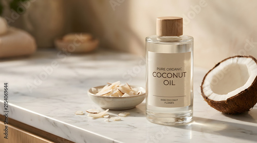 Bottle of pure organic coconut oil with wood cap next to bowl of flakes and coconut.