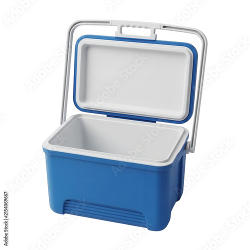 Open blue portable cooler box with handle isolated on transparent background for summer travel and camping storage
