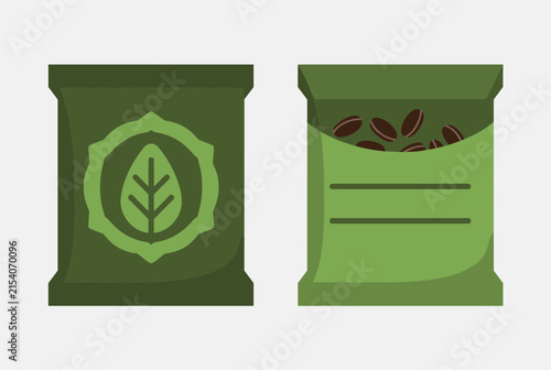 Green coffee bean packaging bags are displayed showing the front side with a leaf logo and the back side with coffee beans.
