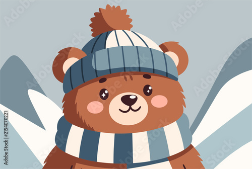 Adorable cartoon brown bear wearing a blue striped winter beanie and matching scarf smiles against snowy mountains.