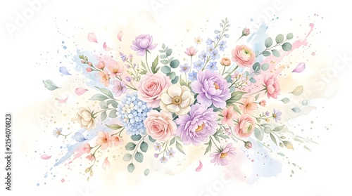 Beautiful floral arrangement featuring delicate pink and purple roses with soft watercolor splashes on a clean crisp white background surface