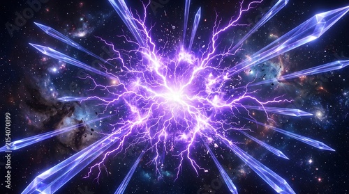 Brilliant purple electrical lightning discharge erupts from sharp crystal shards floating in the vast dark vacuum of deep outer space