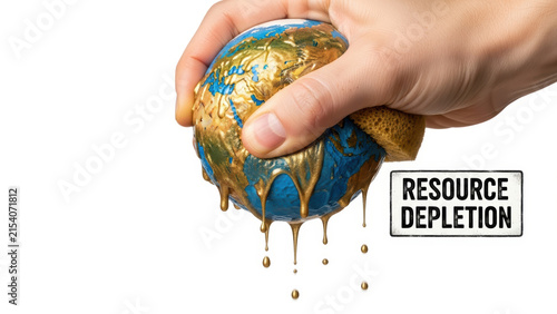Global Debt Levels Concepts. Human hand squeezing globe with golden liquid symbolizing earth resource depletion and environmental crisis concept isolated on white background