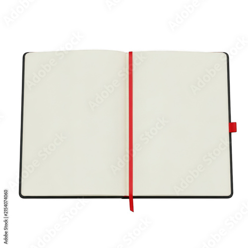 Open blank notebook with red ribbon bookmark isolated on transparent background for writing and journaling mockups