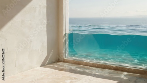 A view from a minimalist interior looking out through a large glass window at a turquoise infinity pool merging with the calm blue ocean horizon