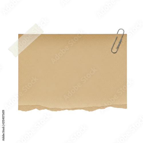 Kraft paper note attached with adhesive tape and silver paperclip isolated on transparent background for notes