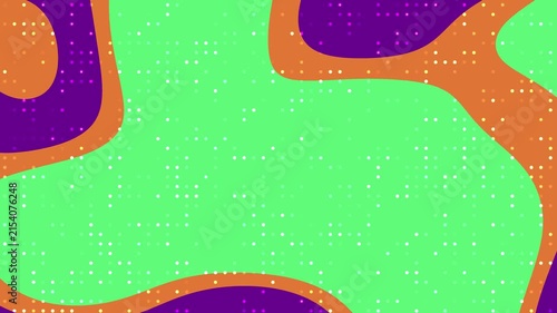 Abstract liquid fluid waves background in deep purple, vibrant orange, and bright green with pixel dot grid pattern.