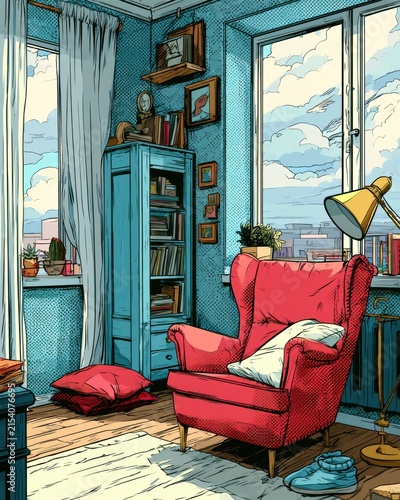 A cozy nook displays a red chair, blue cabinet, and warm sunlight coming through the window. Plants and books fill the space for an inviting feel.