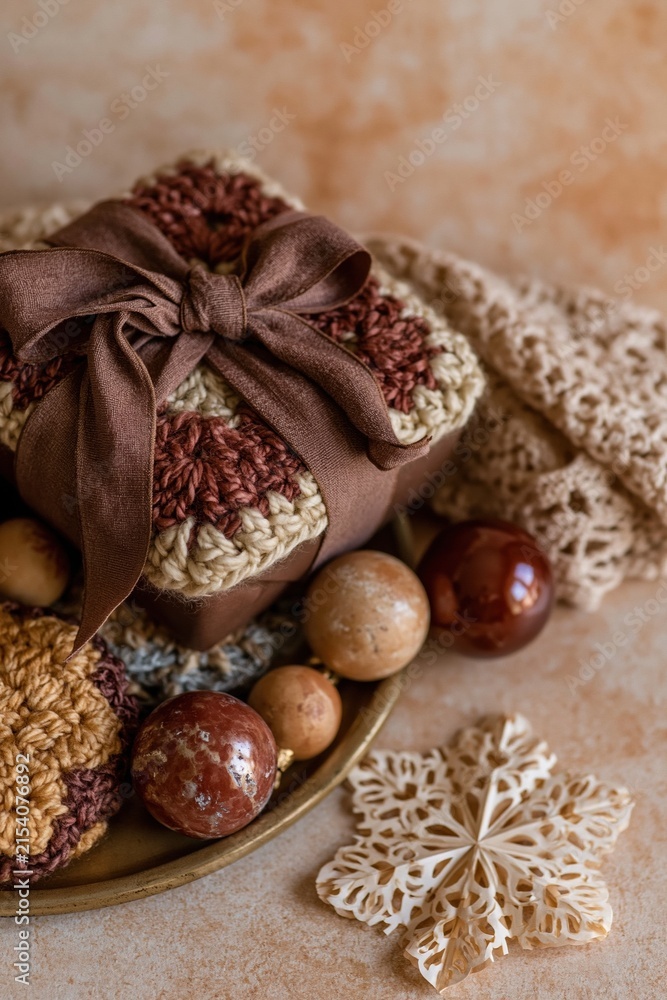 Fototapeta premium Cocoa brown wrapped gift box with a wide ribbon bow and crochet accents on a golden surface for elegant holiday card designs