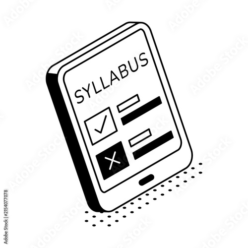 Isometric mobile syllabus document displaying course sections and lesson details.