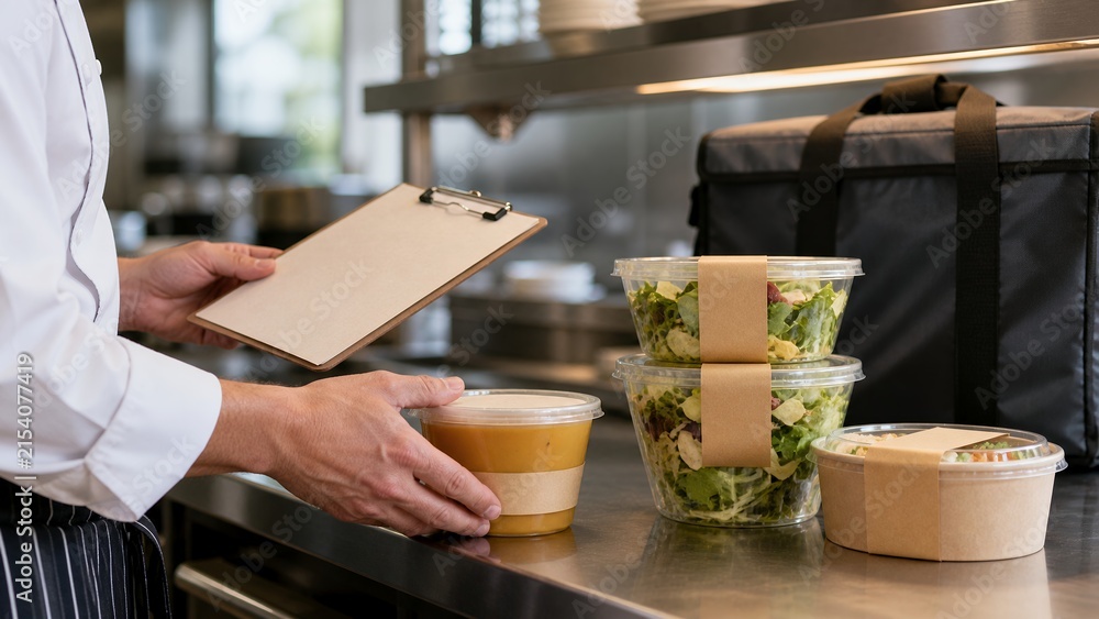 Fototapeta premium Takeaway order quality control at restaurant kitchen pass