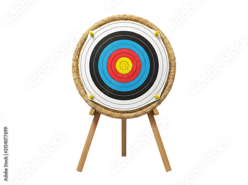 Archery target with a straw butt and a paper face mounted on a wooden tripod stand isolated on transparent background