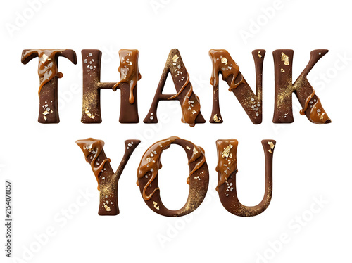 Thank you text made of chocolate letters with caramel drizzle and sea salt isolated on transparent background