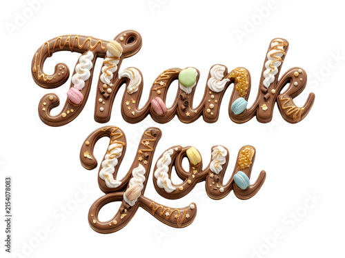 Thank you lettering made of chocolate decorated with whipped cream and macarons isolated on transparent background
