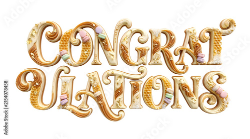 3d render of the word congratulations in a decorative, elegant style with honeycombs, caramel swirls, gold leaf accents, and pastel macarons isolated on transparent background