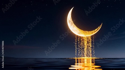 Crescent moon with golden particles over water