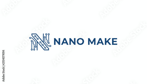 Modern Nano Make logo design featuring a high tech stylized letter N made with digital electronic circuit connections.