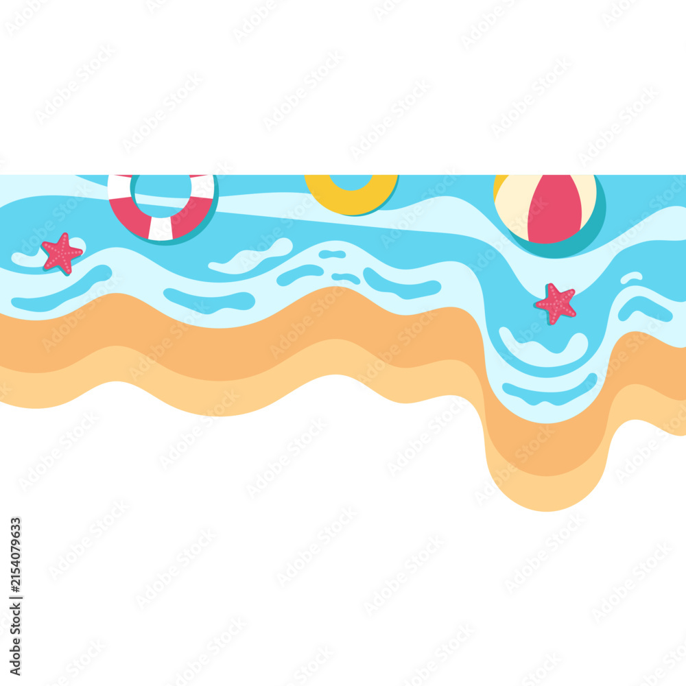 Naklejka premium Beach water bottom border with waves and summer elements, vector illustration