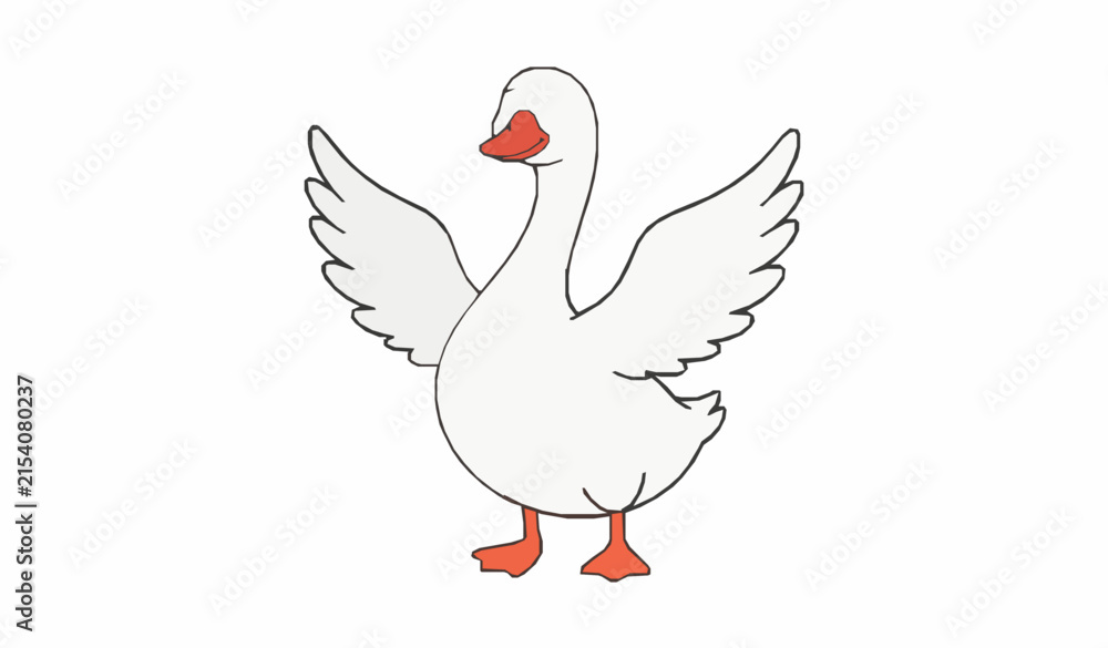 Obraz premium Cute goose with raised wings cartoon outline vector character