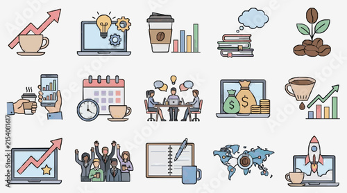Sleek Colorful Illustrations of Coffee Themed Business Growth Innovation and Global Expansion Concepts
