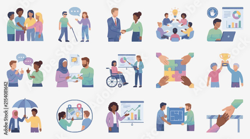 Sleek Colorful Illustrations of Diverse Team Collaboration Inclusion and Business Success Concepts