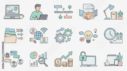 Sleek Colorful Illustrations of Modern Business and Digital Workflow Concepts with Minimalist Icons
