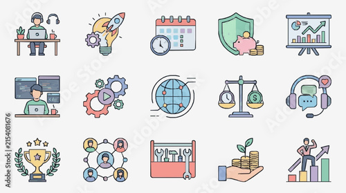 Sleek Colorful Illustrations of Modern Business Tech and Finance Concepts with Flat Design Icons